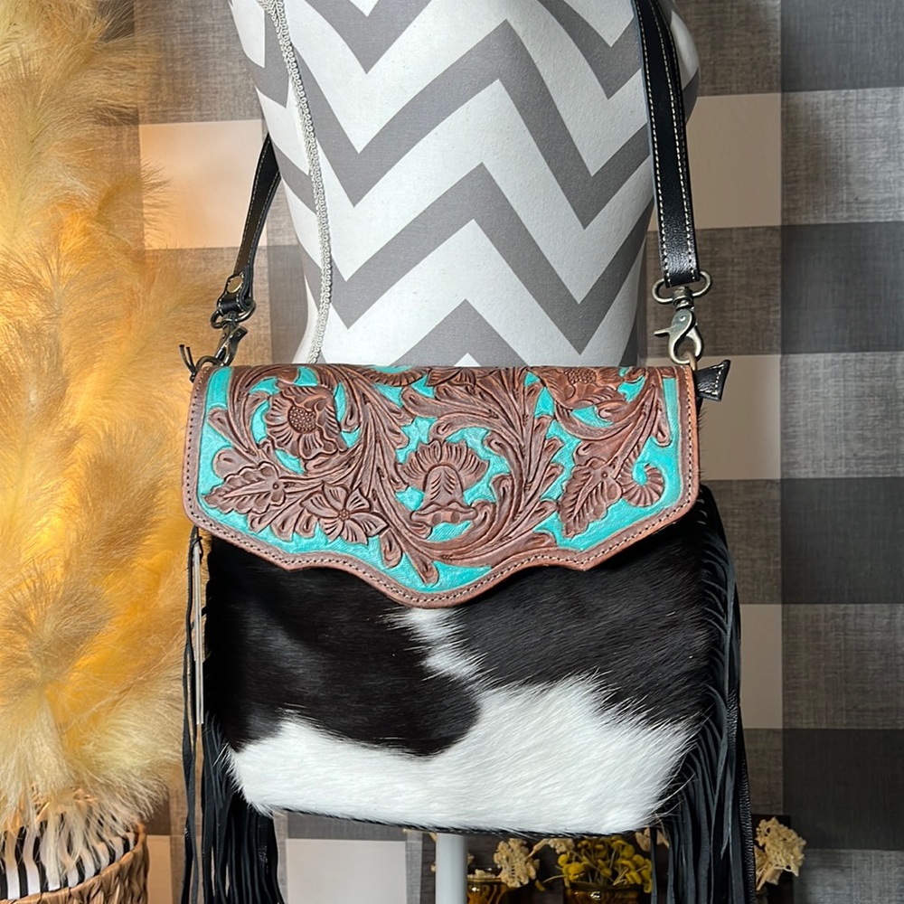 Cowhide Aqua Hand Tooled Crossbody - Picture 1 of 7